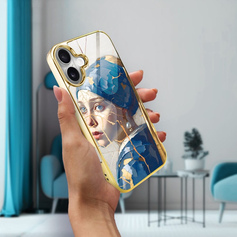 Etui do iPhone 16 Plus IBIZU Elite Glass z MagSafe, Kintsugi Art, kobieta z perłą, złote - obrazek 6