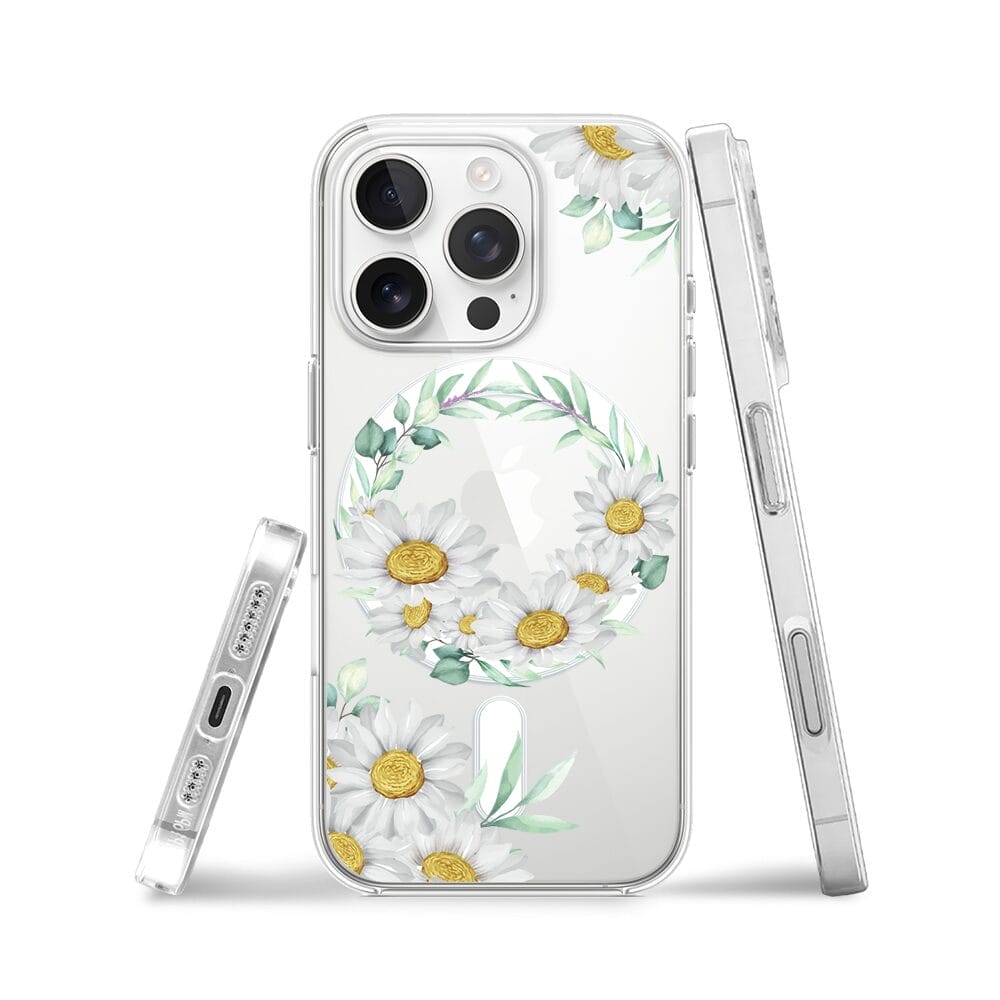 Etui do iPhone 16 Pro z MagSafe przeźroczyste, silikonowe Flexi, wianek stokrotek - obrazek 3