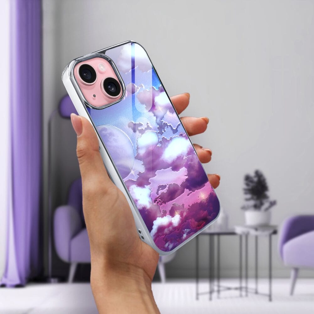 Etui do iPhone 15 IBIZU Elite Glass, szklany tył, chmurki i księżyc, srebrne - obrazek 5