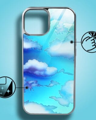 Etui do iPhone 14 IBIZU Elite Glass, szklany tył, chmurki, srebrne