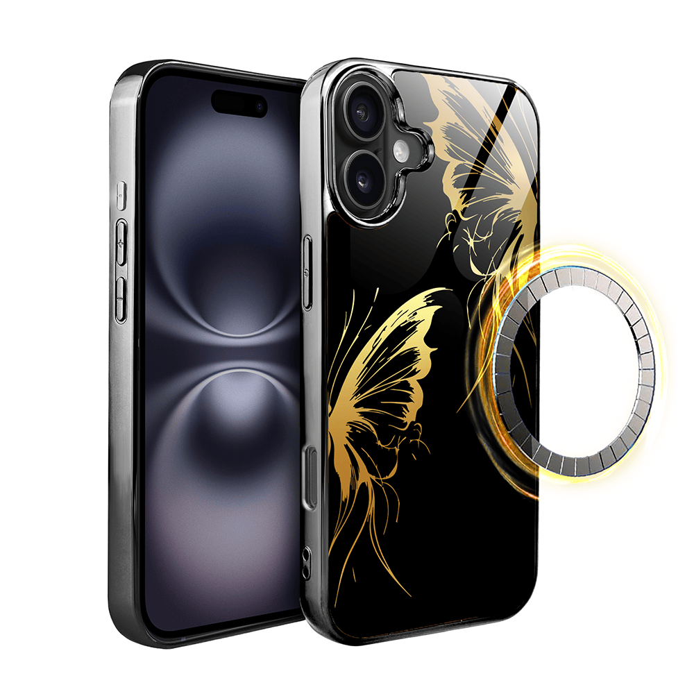 Etui do iPhone 16 IBIZU Elite Glass z MagSafe Golden Midnight, Skrzydła motyla, czarne