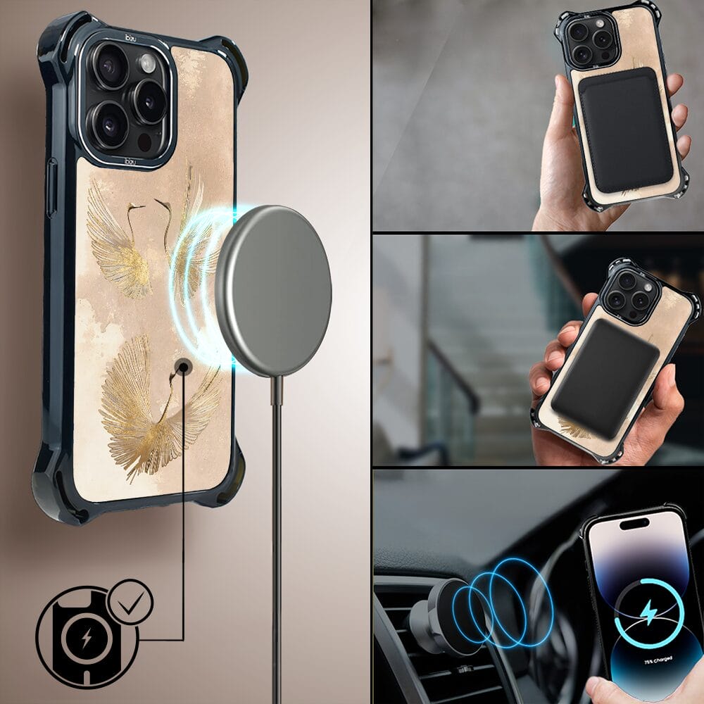 Etui do iPhone 14 Pro IBIZU DropGuard Ultra z MagSafe, Boho, Złote żurawie - obrazek 8