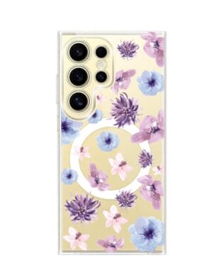 Etui do Samsung Galaxy S24 Ultra z MagSafe przeźroczyste, silikonowe Flexi, kwiatki niebieskie, fioletowe