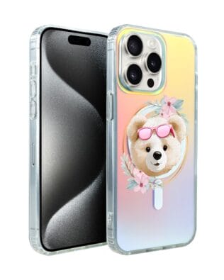 Etui do iPhone 15 Pro IBIZU California Sunset z MagSafe, zmieniające kolor, Flower Queen, miś z kwiatami