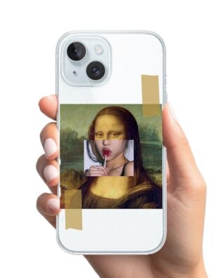 Etui do iPhone 15 przeźroczyste, silikonowe Flexi, Mona Lisa z lizakiem