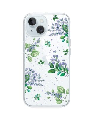 Etui do iPhone 15 Plus przeźroczyste, silikonowe Flexi, fioletowe kwiatki