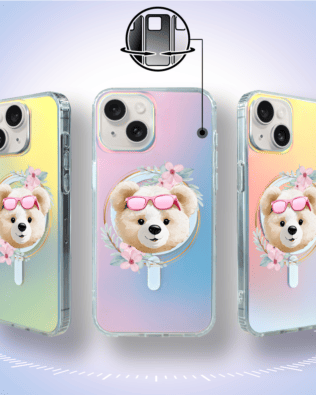 Etui do iPhone 14 IBIZU California Sunset z MagSafe, zmieniające kolor, Flower Queen, miś z kwiatami