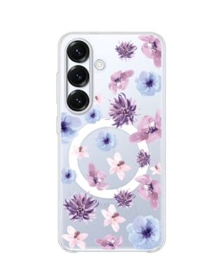 Etui do Samsung Galaxy S25 z MagSafe przeźroczyste, silikonowe Flexi, kwiatki niebieskie, fioletowe