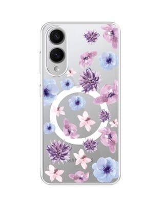 Etui do Samsung Galaxy S25 Edge z MagSafe przeźroczyste, silikonowe Flexi, kwiatki niebieskie, fioletowe