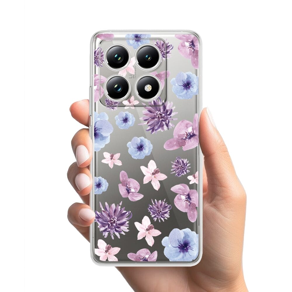 Etui do Xiaomi 14T przeźroczyste, silikonowe Flexi, kwiatki niebieskie, fioletowe - obrazek 2