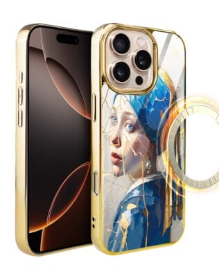 Etui do iPhone 16 Pro IBIZU Elite Glass z MagSafe, Kintsugi Art, kobieta z perłą, złote