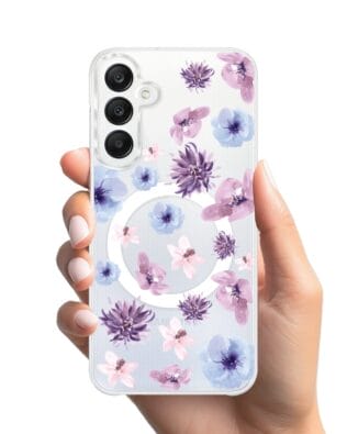 Etui do Samsung Galaxy A25 5G z MagSafe przeźroczyste, silikonowe Flexi, kwiatki niebieskie, fioletowe