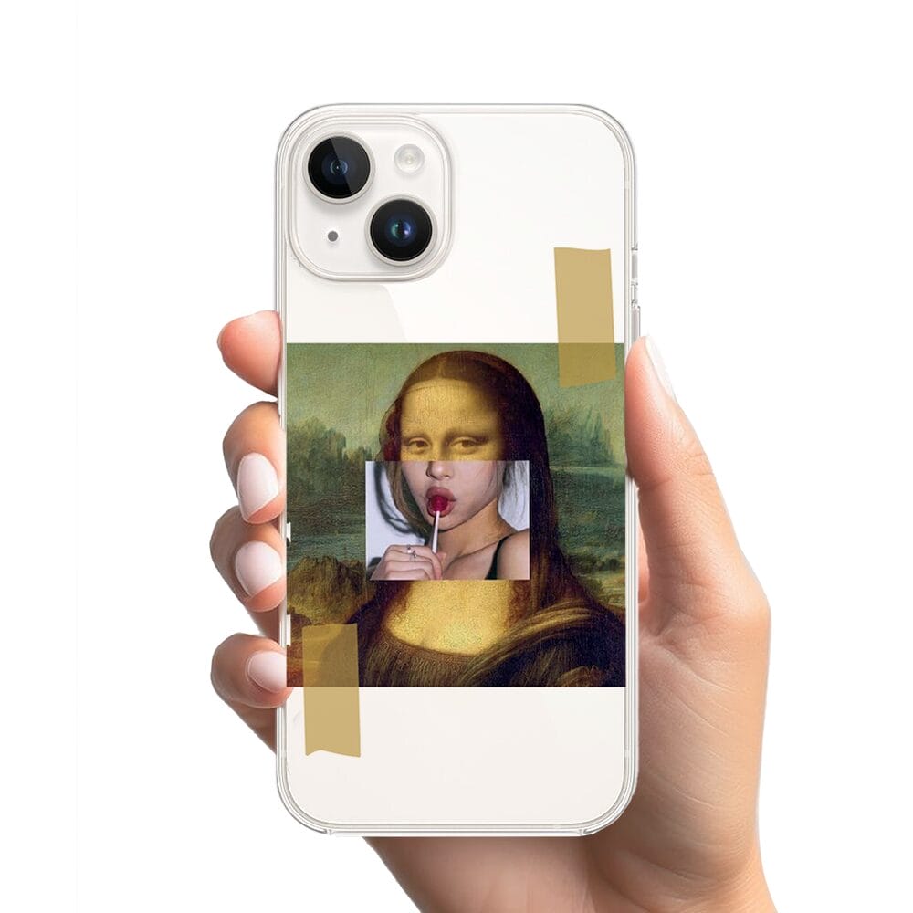 Etui do iPhone 14 Plus przeźroczyste, silikonowe Flexi, Mona Lisa z lizakiem - obrazek 2