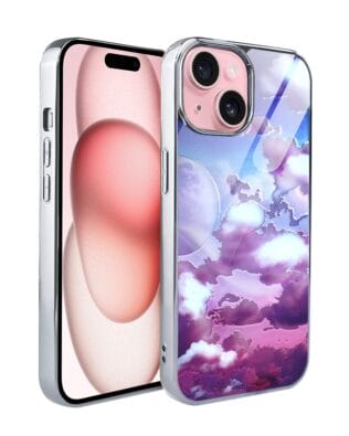 Etui do iPhone 15 IBIZU Elite Glass, szklany tył, chmurki i księżyc, srebrne