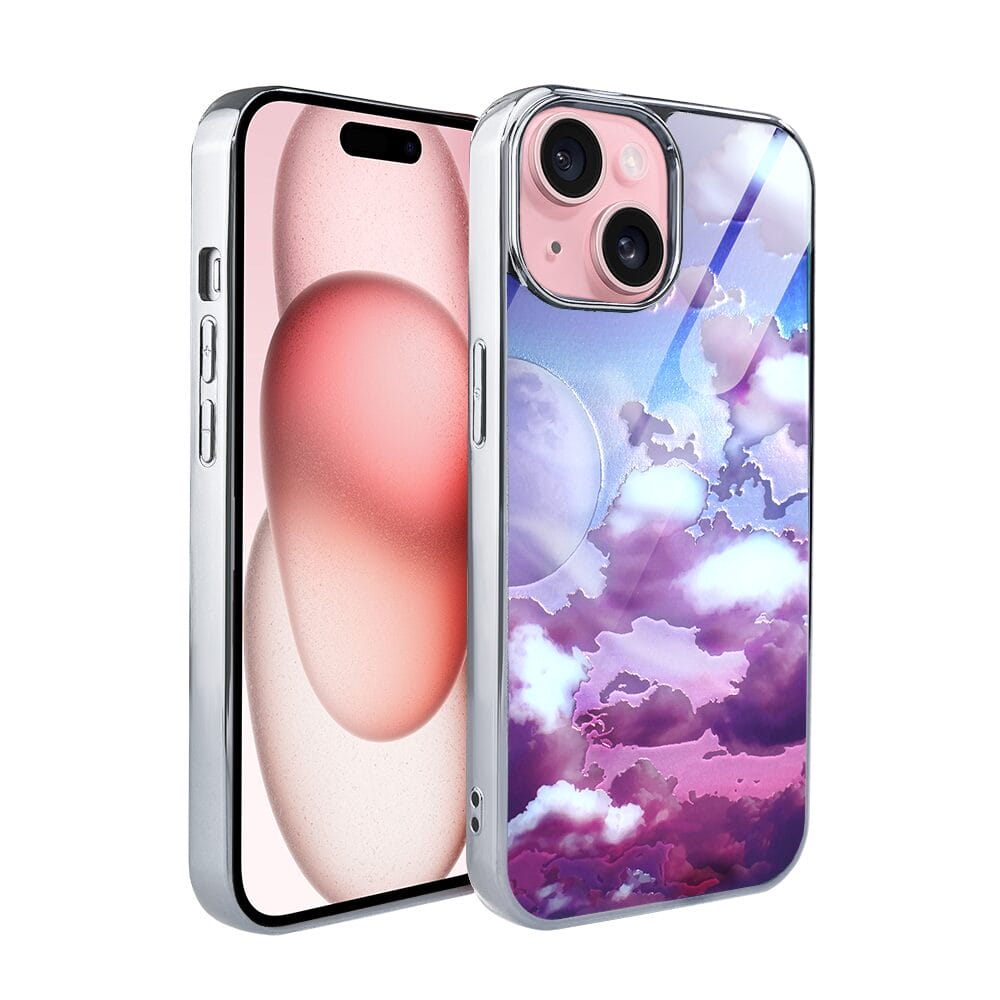 Etui do iPhone 15 IBIZU Elite Glass, szklany tył, chmurki i księżyc, srebrne