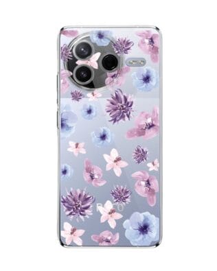 Etui do Xiaomi POCO F7 Pro przeźroczyste, silikonowe Flexi, kwiatki niebieskie, fioletowe