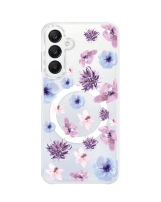 Etui do Samsung Galaxy A25 5G z MagSafe przeźroczyste, silikonowe Flexi, kwiatki niebieskie, fioletowe