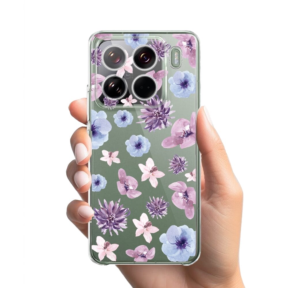 Etui do Xiaomi 15 Pro przeźroczyste, silikonowe Flexi, kwiatki niebieskie, fioletowe - obrazek 2