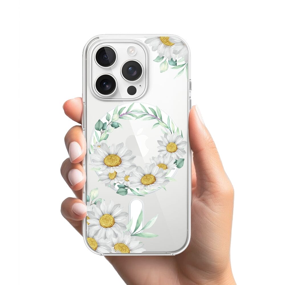 Etui do iPhone 16 Pro z MagSafe przeźroczyste, silikonowe Flexi, wianek stokrotek - obrazek 2