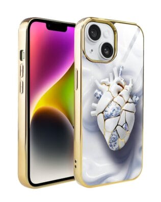 Etui do iPhone 14 IBIZU Elite Glass, szklany tył, Kintsugi Art, porcelanowe serce, złote