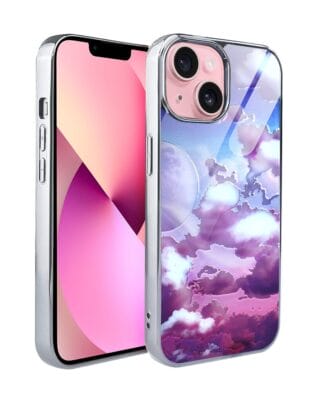 Etui do iPhone 13 IBIZU Elite Glass, szklany tył, chmurki i księżyc, srebrne