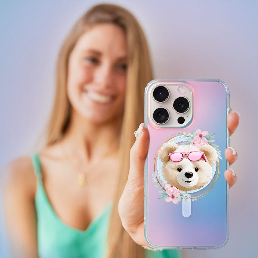 Etui do iPhone 14 Pro IBIZU California Sunset z MagSafe, zmieniające kolor, Flower Queen, miś z kwiatami - obrazek 5