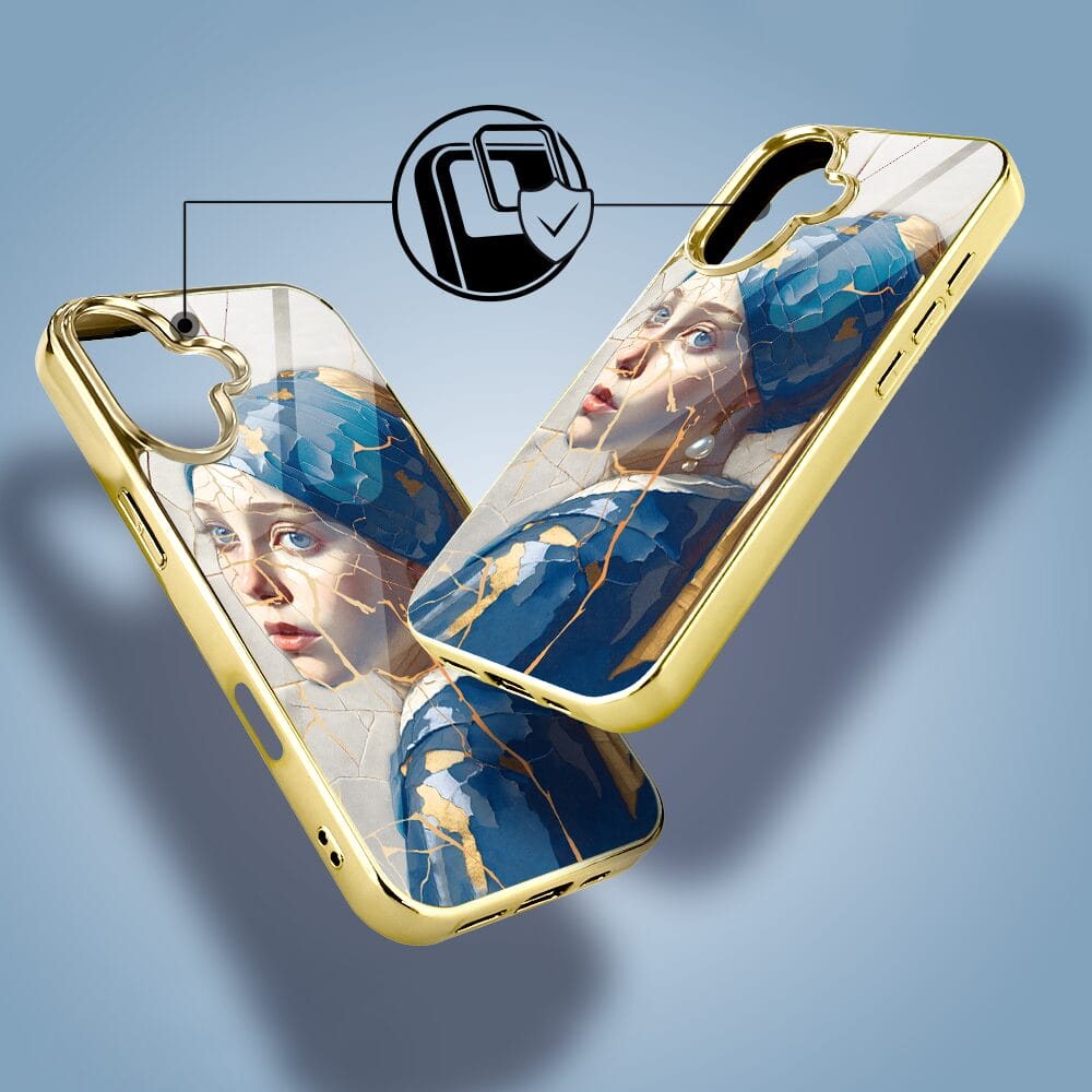 Etui do iPhone 16 Plus IBIZU Elite Glass z MagSafe, Kintsugi Art, kobieta z perłą, złote - obrazek 5