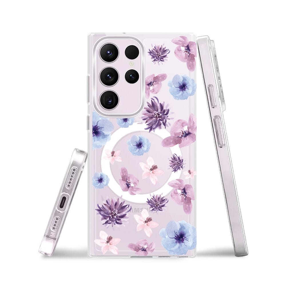 Etui do Samsung Galaxy S23 Ultra z MagSafe przeźroczyste, silikonowe Flexi, kwiatki niebieskie, fioletowe - obrazek 3