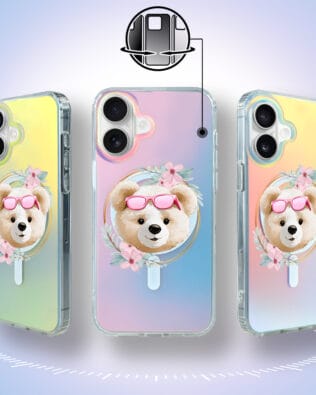 Etui do iPhone 16 IBIZU California Sunset z MagSafe, zmieniające kolor, Flower Queen, miś z kwiatami