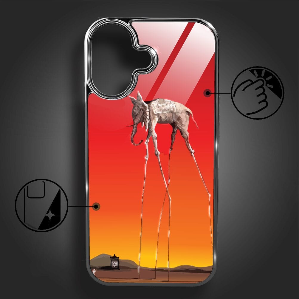 Etui do iPhone 16 Plus IBIZU Elite Glass z MagSafe, Salvador Dali, słoń, czarne - obrazek 2