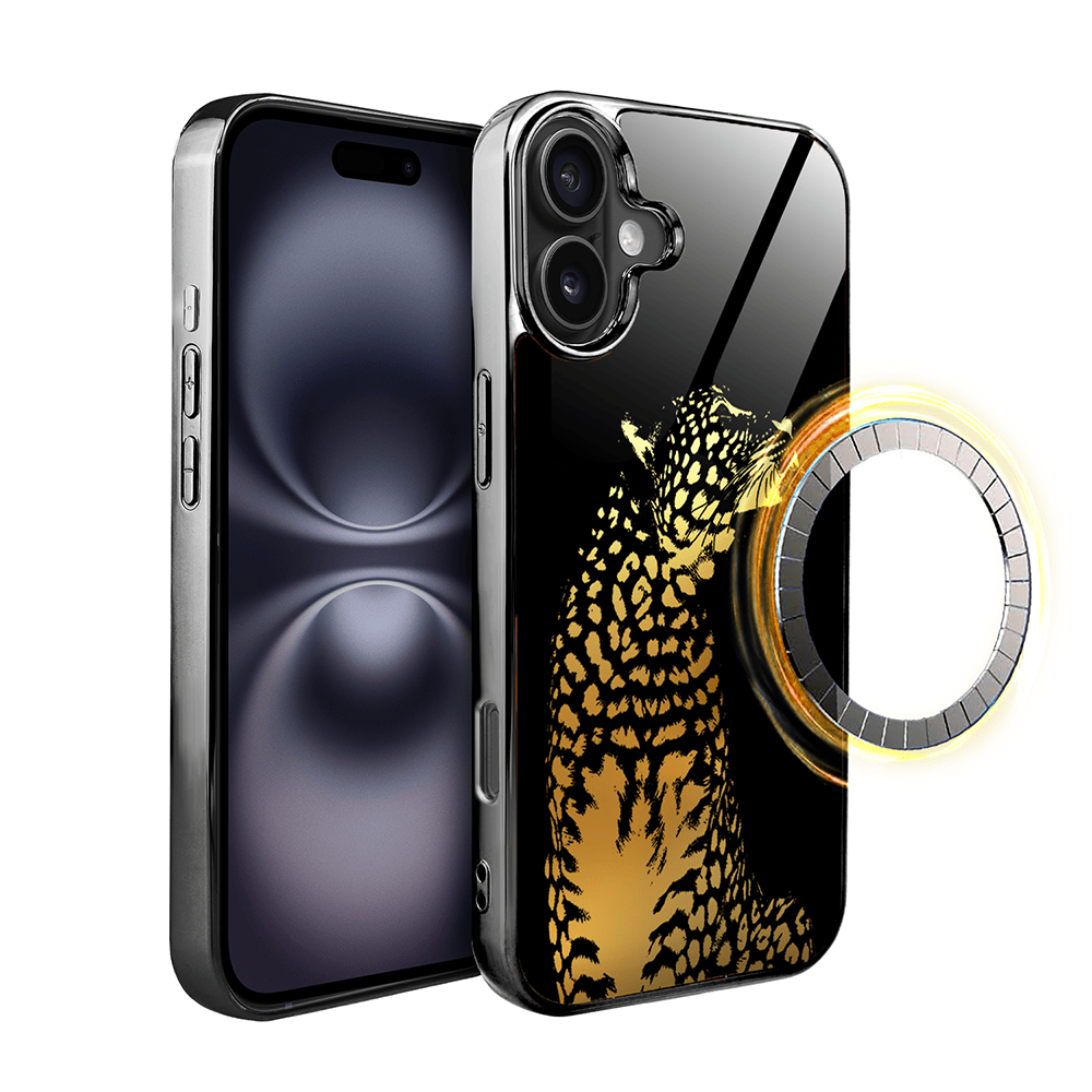 Etui do iPhone 16 IBIZU Elite Glass z MagSafe Golden Midnight, Lampart, czarne