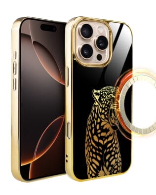 Etui do iPhone 16 Pro IBIZU Elite Glass z MagSafe Golden Midnight, Ryczący Jaguar, złote