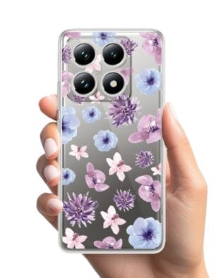 Etui do Xiaomi 14T Pro przeźroczyste, silikonowe Flexi, kwiatki niebieskie, fioletowe