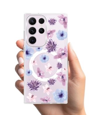 Etui do Samsung Galaxy S23 Ultra z MagSafe przeźroczyste, silikonowe Flexi, kwiatki niebieskie, fioletowe