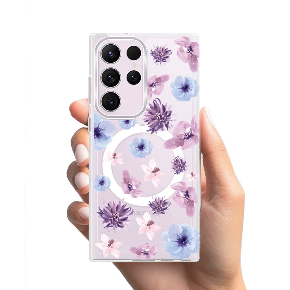 Etui do Samsung Galaxy S23 Ultra z MagSafe przeźroczyste, silikonowe Flexi, kwiatki niebieskie, fioletowe - obrazek 2