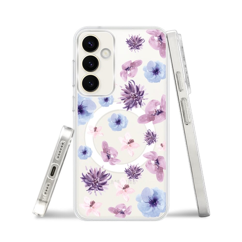 Etui do Samsung Galaxy S23 z MagSafe przeźroczyste, silikonowe Flexi, kwiatki niebieskie, fioletowe - obrazek 3