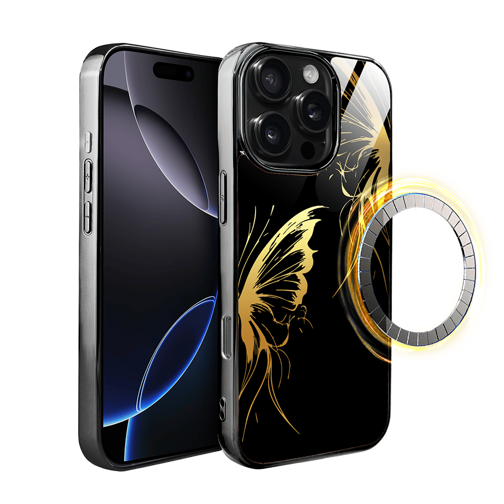 Etui do iPhone 16 Pro Max IBIZU Elite Glass z MagSafe Golden Midnight, Skrzydła motyla, czarne