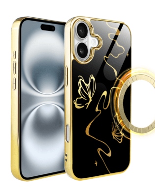 Etui do iPhone 16 IBIZU Elite Glass z MagSafe Golden Midnight, Efekt motyla, złote