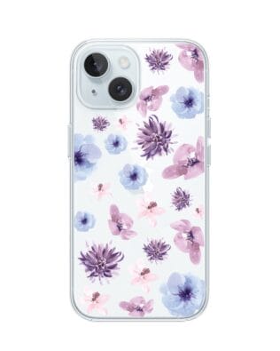 Etui do iPhone 15 Plus przeźroczyste, silikonowe Flexi, kwiatki niebieskie, fioletowe