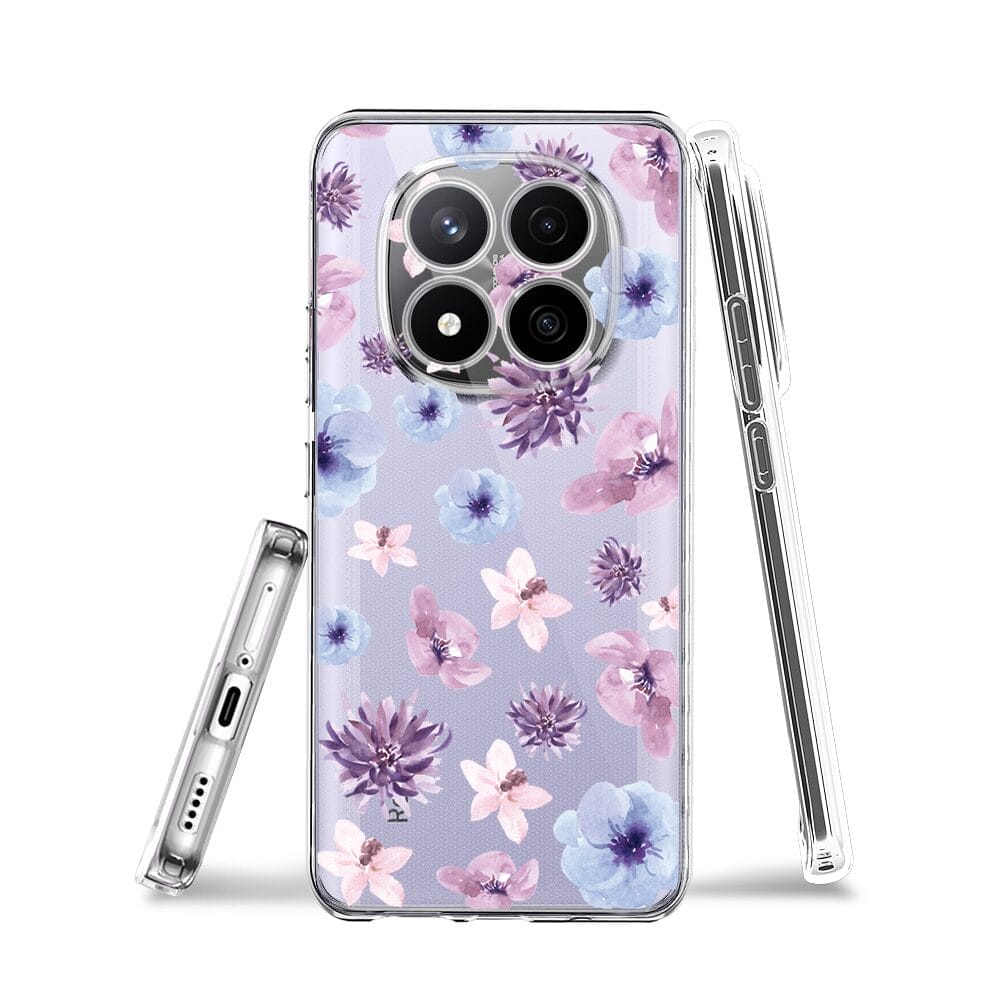 Etui do Xiaomi Redmi Note 14 Pro 4G przeźroczyste, silikonowe Flexi, kwiatki niebieskie, fioletowe - obrazek 3