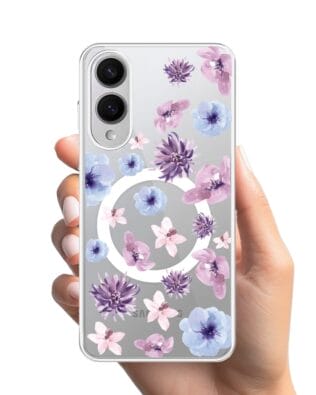 Etui do Samsung Galaxy S25 Edge z MagSafe przeźroczyste, silikonowe Flexi, kwiatki niebieskie, fioletowe