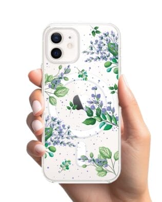 Etui do iPhone 12 Mini z MagSafe przeźroczyste, silikonowe Flexi, fioletowe kwiatki