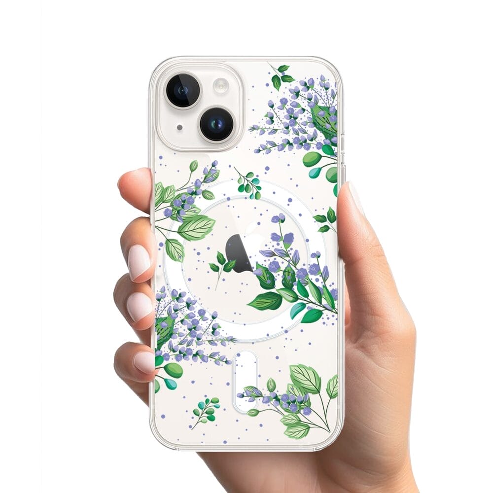 Etui do iPhone 14 Plus z MagSafe przeźroczyste, silikonowe Flexi, fioletowe kwiatki - obrazek 2