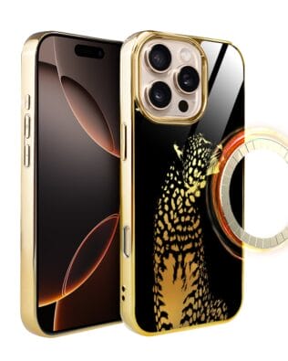 Etui do iPhone 16 Pro IBIZU Elite Glass z MagSafe Golden Midnight, Lampart, złote