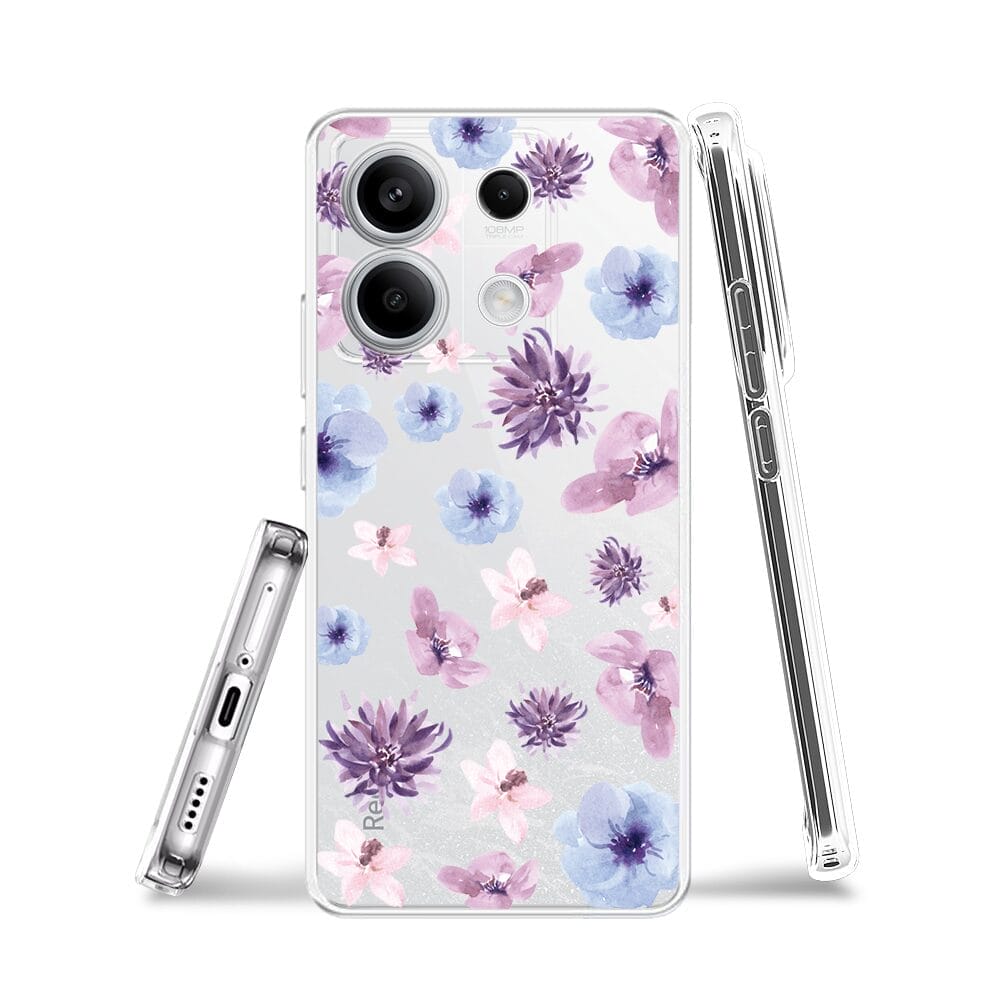 Etui do Xiaomi Redmi Note 13 Pro 5G przeźroczyste, silikonowe Flexi, kwiatki niebieskie, fioletowe - obrazek 3