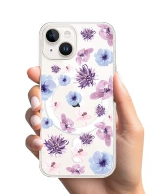 Etui do iPhone 13 z MagSafe przeźroczyste, silikonowe Flexi, kwiatki niebieskie, fioletowe