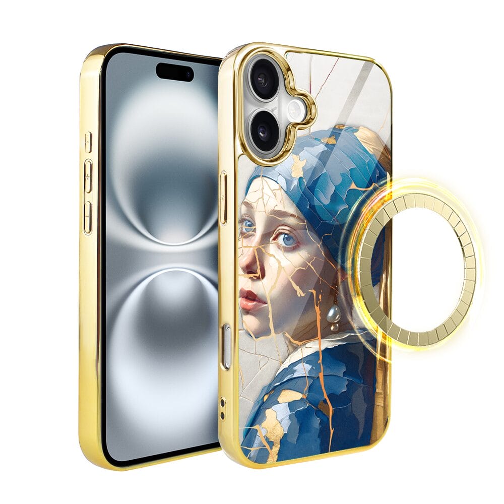 Etui do iPhone 16 Plus IBIZU Elite Glass z MagSafe, Kintsugi Art, kobieta z perłą, złote