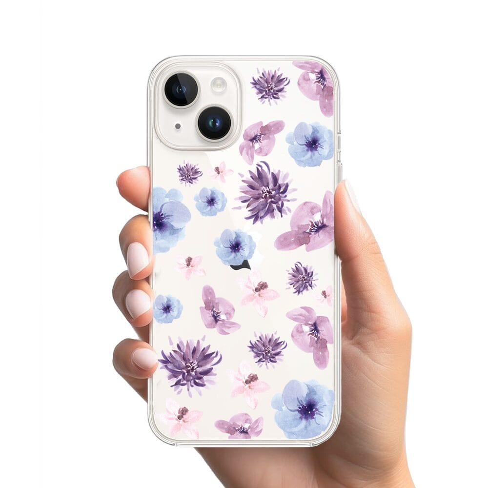 Etui do iPhone 14 Plus przeźroczyste, silikonowe Flexi, kwiatki niebieskie, fioletowe - obrazek 2