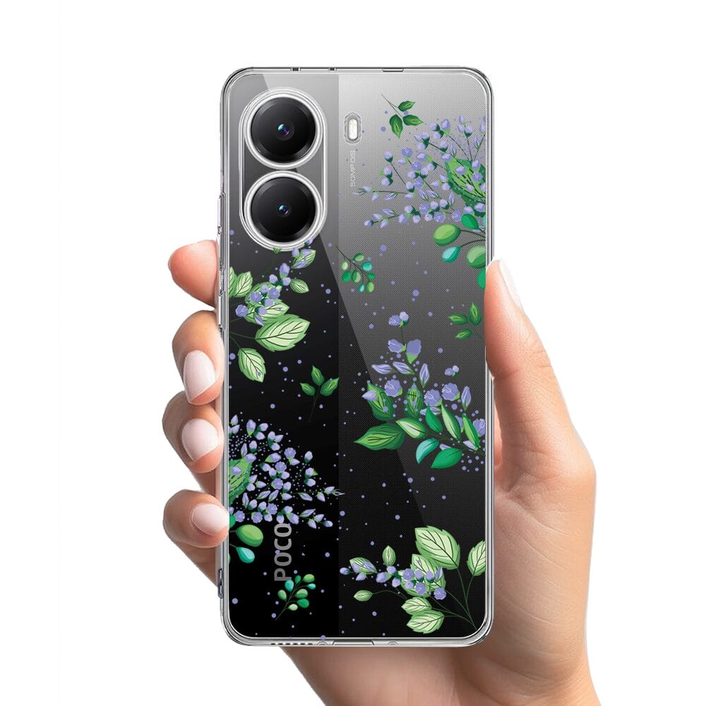 Etui do Xiaomi POCO X7 Pro przeźroczyste, silikonowe Flexi, fioletowe kwiatki - obrazek 2