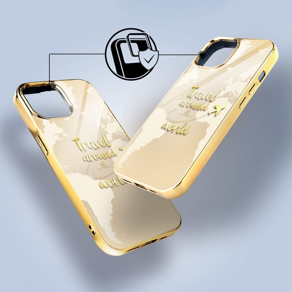 Etui do iPhone 15 IBIZU Elite Glass 3D, szklany tył, złota mapa świata z napisem Travel around the World, złote - obrazek 4